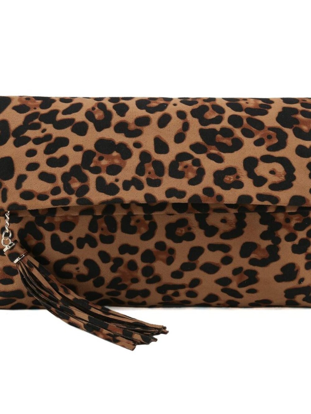 Leopard Clutch Bag for Women Tassel Foldover Clutch Faux Suede Dressy Purse for